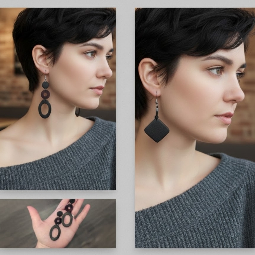 Handmade Wooden Dangle Earrings Set Of Two Brown Circle Oval Square Diamond Boho